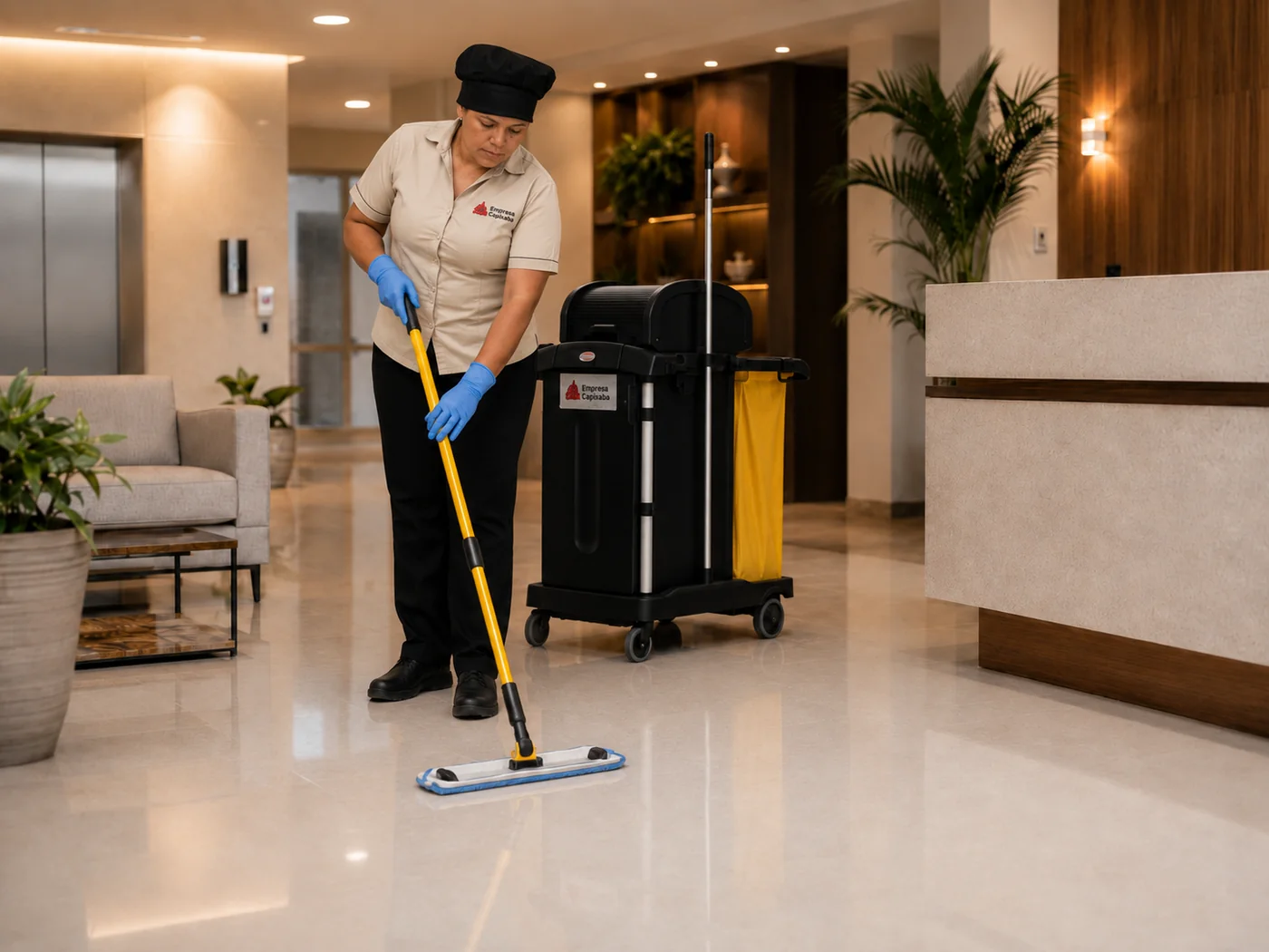 Profissional uniformizada realizando limpeza em recepção